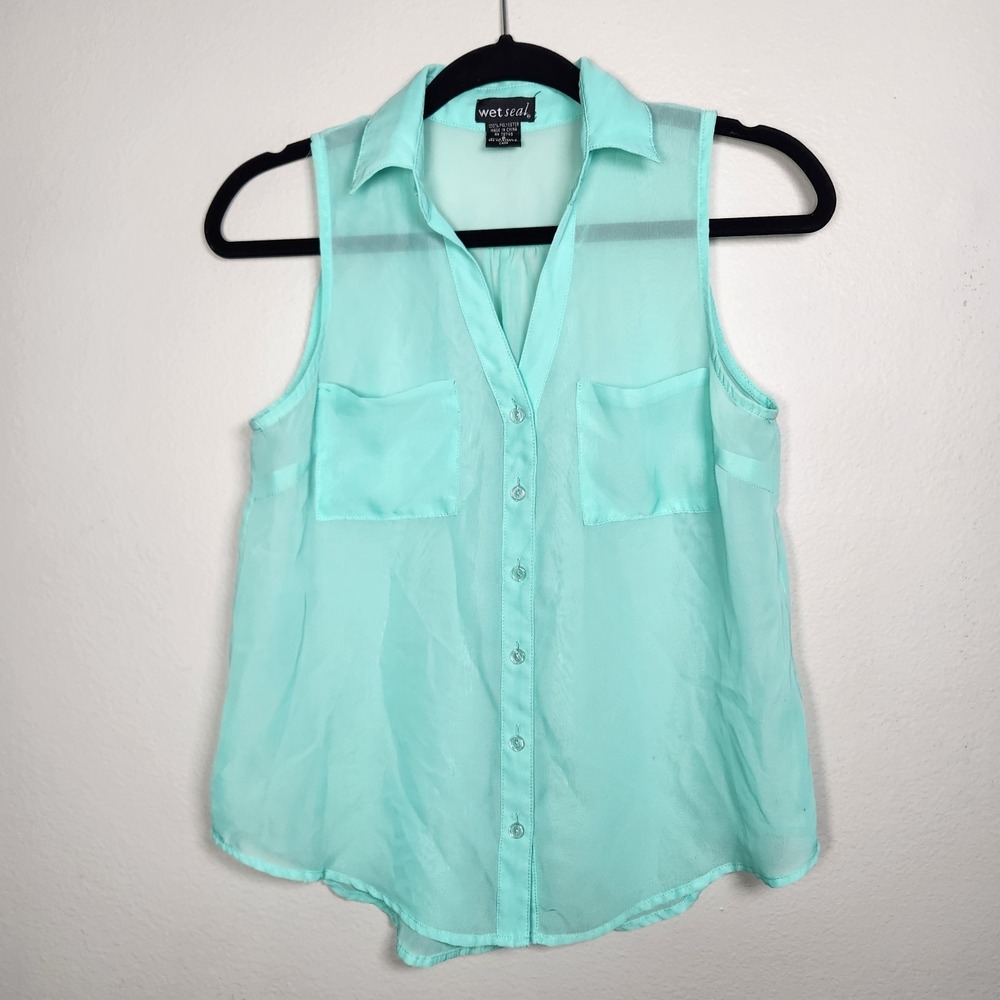 Y2k Wet Seal Womens Small Mint Sheer Chiffon Sleeveless Button Up Coastal Boho